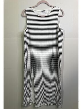 OVS Black White Striped Midi Dress XL Sleeveless Side Slit Stretch Casua